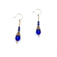 blue and gold long dangle earrings