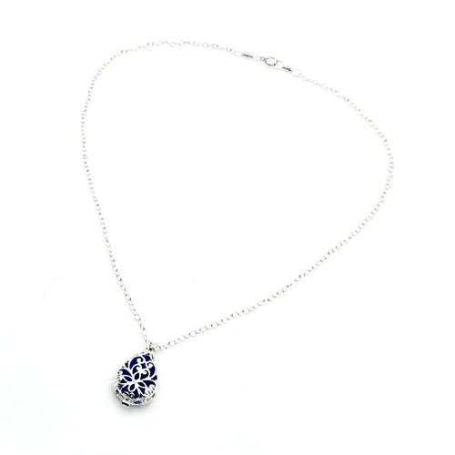 Teardrop Necklace Cobalt Blue Sea Glass Filled Filigree Jewelry 