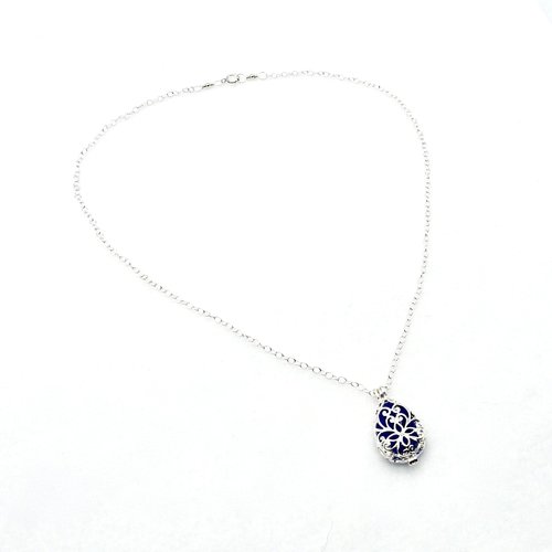 Teardrop Necklace Cobalt Blue Sea Glass Filled Filigree Jewelry 