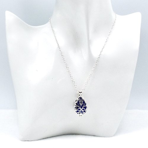 Teardrop Necklace Cobalt Blue Sea Glass Filled Filigree Jewelry 