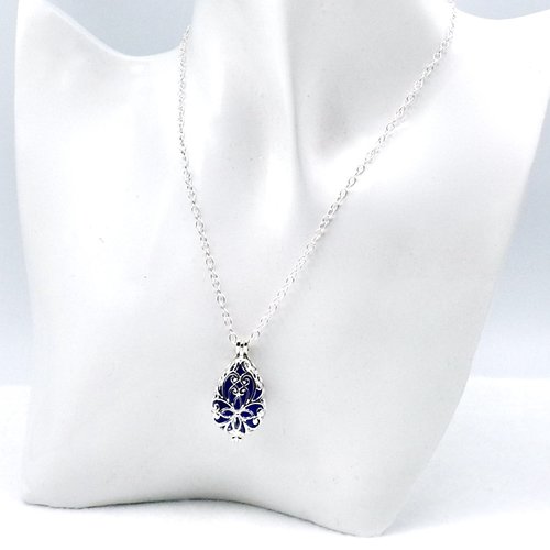 Teardrop Necklace Cobalt Blue Sea Glass Filled Filigree Jewelry 